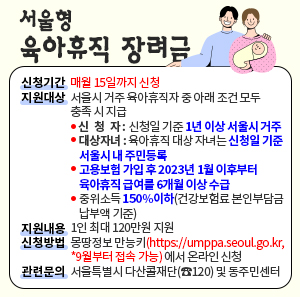 신청기간 : 매월 15일까지 신청  지원대상 : 서울시 거주 육아휴직자 중 아래 조건 모두 충족 시 지급      1) 신청자 : 신청일 기준 1년 이상 서울시 거주      2) 대상자녀 : 육아휴직 대상 자녀는 신청일 기준 서울시 내 주민등록      3) 고용보험 가입 후 2023년 1월 이후부터 육아휴직 급여를 6개월 이상 수급      4) 중위소득 150%이하(건강보험료 본인부담금 납부액 기준)  지원내용 : 1인 최대 120만원 지원  신청방법 : 몽땅정보 만능키(https://umppa.seoul.go.kr, *9월부터 접속 가능)에서 온라인 신청  관련문의 : 서울특별시 다산콜재단(☎120) 및 동주민센터