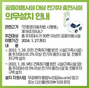 ▣ 관련근거:「친환경자동차법 시행령」 제18조의5,6,7  ▣ 추진대상: 총 주차대수가 50면 이상인 공중이용시설  ▣ 이행기간: 2024. 1. 27.까지  ▣ 내 용      ○ 2022. 1. 28. 이전 건축허가를 받은 시설(기축시설):        총 추자대수의 2% 이상 전기차 충전시설 및 전용주차구역 설치      ○ 2022. 1. 28. 부터 건축허가를 받은 시설(기축시설 외):        총 추자대수의 5% 이상 전기차 충전시설 및 전용주차구역 설치  ▣ 설치 지원사업: 무공해차 통합누리집(ev.or.kr) 참고 또는 다산콜센터(☎120) 문의