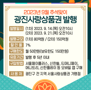 □ 발행일시 : (1차) 2023. 9. 14.(목) 오전10시 (2차) 2023. 9. 21.(목) 오전10시  □ 발행규모 : (1차) 80억원 / (2차) 150억원  □ 할 인 율 : 7%  □ 구매한도 : 월 50만원(보유한도 150만원)  □ 유효기간 : 발행 후 5년 이내  □ 구입방법 : 서울페이플러스, 신한쏠, 티머니페이, 머니트리, 신한플레이 등 모바일 앱 구매  □ 사 용 처 : 광진구 전 지역 서울사랑상품권 가맹점