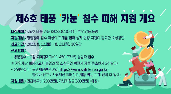 제6호 태풍 '카눈' 침수 피해 지원 개요    ○ 대상재해 : 제6호 태풍 카눈 (2023.8.10.~11.) 호우,강풍,풍랑  ○ 지원대상 : 영업장에 침수 이상의 피해를 입어 생계 안정 지원이 필요한 소상공인  ○ 신고기간 : 2023. 8. 12.(토) ~ 8. 21.(월), 10일간  ○ 신고방법  - 방문접수 : 구청 지역경제과(02-450-7315) 담당자 접수  ※ 자연재난 피해신고서(붙임2) 및 소상공인 확인서 제출(중소벤처 24 발급)  - 온라인접수 : 국민재난안전포털(https://www.safekorea.go.kr) 참여와 신고 > 사유재산 피해신고(태풍 카눈 피해 선택 후 입력)  ○ 지원내용 : 긴급복구비(200만원), 재난지원금(300만원) (예정)