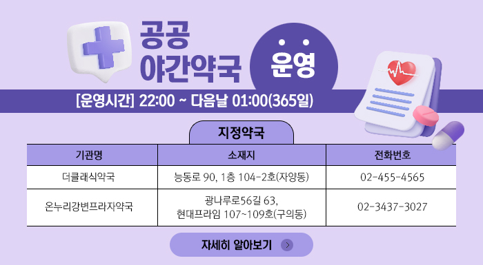 공공야간약국 운영     [운영시간] 22:00 ~ 다음날 01:00(365일)  [지정약국]  기관명  소재지  전화번호  더클래식약국  능동로 90, 1층 104-2호(자양동)  02-455-4565  온누리강변프라자약국  광나루로56길 63, 현대프라임 107~109호(구의동)  02-3437-3027    자세히 알아보기