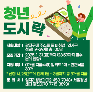 〇 지원대상 : 광진구에 주소를 둔 미취업 1인가구 청년(19~39세) 총 100명  〇 모집기간 : 2025. 1. 31.(금)까지 (23:59까지 접수분에 한함)   〇 지원내용 : (1개월 지급수량) 밀키트 1개 + 간편식품 30개             * 선정 시, 25년도에 한해 1월 ~ 3월까지 총 3개월 지급  〇 문 의 처 : 일자리청년과(02-450-7048), 서울청년센터 광진(070-7715-3893)