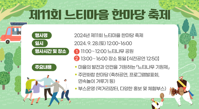 일시: 2024. 9. 28.(토) 12:00~16:00  2024년 제11회 느티마을 한마당 축제  11:00∼12:00  느티나무 공원  • 마을의 발전과 안전을 기원하는    「느티나무 기원제」  13:00∼16:00  장소 동일  【식전공연 12:50】  • 주민화합 한마당   (축하공연, 프로그램발표회, 민속놀이 겨루기 등)  • 부스운영   (먹거리장터, 다양한 홍보 및 체험부스)