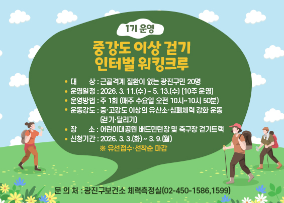 「중강도 이상 걷기 인터벌 워킹크루」1기 운영     ﻿○ 대    상 : 근골격계 질환이 없는 광진구민 20명     ○ 운영일정 : 2026. 3. 11.(수) ~ 5. 13.(수) [10주 운영]     ○ 운영방법 : 주 1회 (매주 수요일 오전 10시~10시 50분)     ○ 운동강도 : 중·고강도 이상의 유산소·심폐체력 강화 운동(걷기·달리기)     ○ 장    소 : 어린이대공원 배드민턴장 및 축구장 걷기트랙     ○ 신청기간 : 2026. 3. 3.(화) ~ 3. 9.(월) ※ 유선접수·선착순 마감     ○ 문 의 처 : 광진구보건소 체력측정실(02-450-1586,1599)