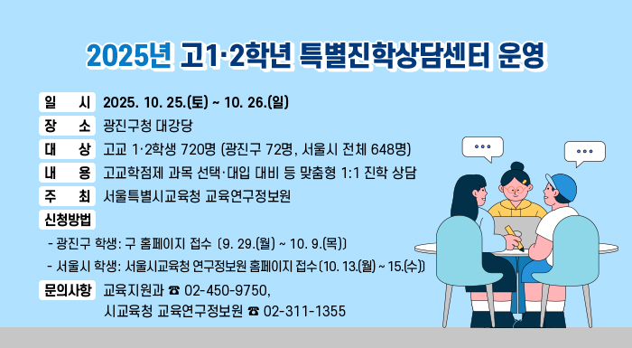 2025년 고1·2학년 특별진학상담센터 운영    ○  일    시 : 2025. 10. 25.(토) ~ 10. 26.(일)    ○  장    소 : 광진구청 대강당    ○  대    상 : 고교 1·2학생 720명 (광진구 72명, 서울시 전체 648명)    ○  내    용 : 고교학점제 과목 선택·대입 대비 등 맞춤형 1:1 진학 상담    ○  주    최 : 서울특별시교육청 교육연구정보원    ○  신청방법     - 광진구 학생: 구 홈페이지 접수 〔9. 29.(월) ~ 10. 9.(목)〕     - 서울시 학생: 서울시교육청 연구정보원 홈페이지 접수 〔10. 13.(월) ~ 15.(수)〕    ○  문의사항 : 교육지원과 ☎ 02-450-9750, 시교육청 교육연구정보원 ☎ 02-311-1355