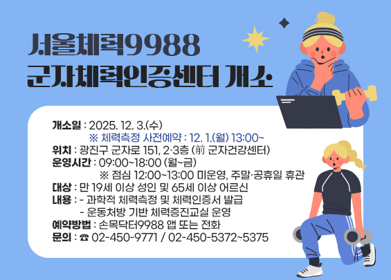 ‘서울체력9988’ 군자체력인증센터 개소   〇 개소일 : 2025. 12. 3.(수)  ※ 체력측정 사전예약 : 12. 1.(월) 13:00~ 〇 위치 : 광진구 군자로 151, 2·3층 (前 군자건강센터) 〇 운영시간 : 09:00~18:00 (월~금)  ※ 점심 12:00~13:00 미운영, 주말·공휴일 휴관 〇 대상 : 만 18세 이상 성인 및 65세 이상 어르신 〇 내용 :  - 과학적 체력측정 및 체력인증서 발급  - 운동처방 기반 체력증진교실 운영 〇 예약방법 : 손목닥터9988 앱 또는 전화  〇 문의 : ☎ 02-450-9771 / 02-450-5372~5375