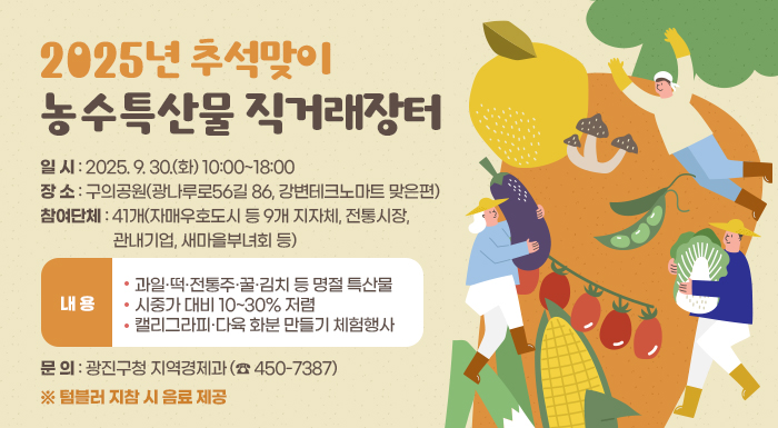 2025년 추석맞이 농수특산물 직거래장터  〇 일 시 : 2025. 9. 30.(화) 10:00~18:00 〇 장 소 : 구의공원(광나루로56길 86, 강변테크노마트 맞은편)  〇 참여단체 : 41개(자매우호도시 등 9개 지자체, 전통시장, 관내기업, 새마을부녀회 등)  〇 내 용 :    - 과일·떡·전통주·꿀·김치 등 명절 특산물   - 시중가 대비 10~30% 저렴   - 캘리그라피·다육 화분 만들기 체험행사 〇 문 의 : 광진구청 지역경제과 (☎ 450-7387)  ※ 텀블러 지참 시 음료 제공