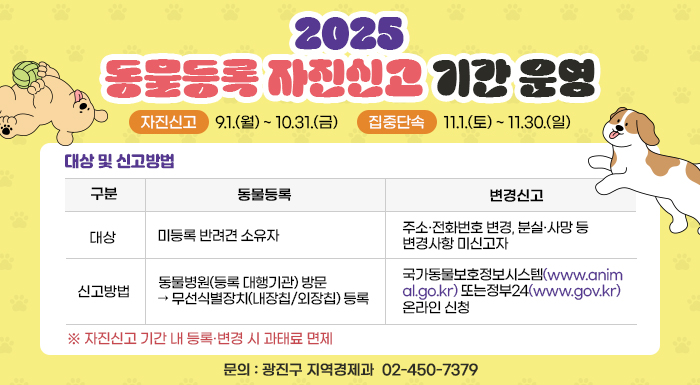 2025 동물등록 자진신고 기간 운영    ○ 자진신고: 9.1.(월) ~ 10.31.(금)  ○ 집중단속: 11.1.(토) ~ 11.30.(일)  ○ 대상 및 신고방법    구분  동물등록  변경신고  대상  미등록 반려견 소유자  주소·전화번호 변경, 분실·사망 등 변경사항 미신고자  신고방법  동물병원(등록 대행기관) 방문 → 무선식별장치(내장칩/외장칩) 등록  국가동물보호정보시스템(www.animal.go.kr) 또는  정부24(www.gov.kr) 온라인 신청    ※ 자진신고 기간 내 등록·변경 시 과태료 면제    ○ 문의: 광진구 지역경제과 ☎ 02-450-7379