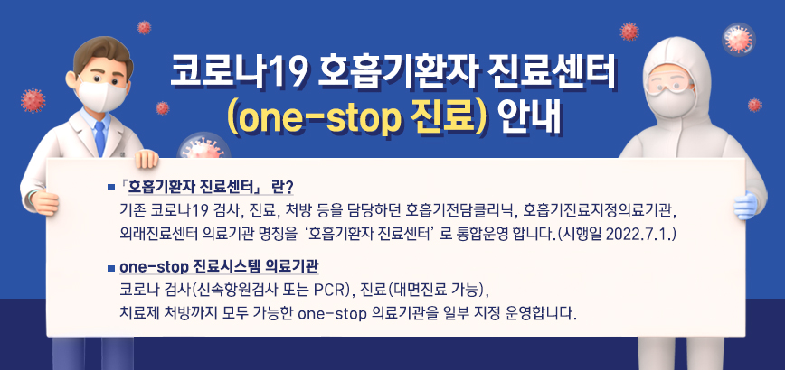 코로나19 호흡기환자 진료센터(one-stop 진료) 안내    □ 『호흡기환자 진료센터』 란?      기존 코로나19 검사, 진료, 처방 등을 담당하던 호흡기전담클리닉, 호흡기진료지정의료기관, 외래진료센터 의료기관 명칭을 ‘호흡기환자 진료센터’로 통합운영 합니다. (시행일 2022.7.1.)    □ one-stop 진료시스템 의료기관      코로나 검사(신속항원검사 또는 PCR), 진료(대면진료 가능), 치료제 처방까지 모두 가능한 one-stop 의료기관을 일부 지정 운영합니다.
