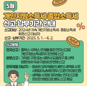 □ 신고대상 : 2024년 귀속 개인지방소득세․종합소득세 확정신고 대상자  □ 신고․납부기간 : 2025. 5. 1. ∼ 6. 2.  □ 신고방법    전자신고  ⋅홈택스-위택스 연계를 통한 전자신고로  개인지방소득세까지 한 번에 신고  방문신고  ⋅가까운 구청 또는 세무서 도움창구 중 선택  방문하여 국세·지방세 한 번에 신고  모두채움  대 상 자  ⋅발송된 모두채움안내문의 세액을 수정사항  없이 납부할 경우 신고한 것으로 인정  ⋅세액을 수정할 경우에는 전자신고 등 편리한  방법으로 별도 신고 필요