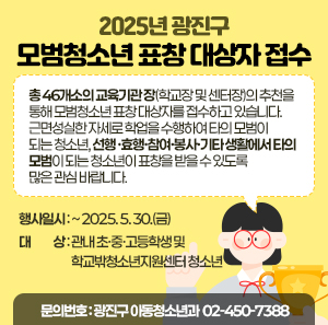 2025년 광진구 모범청소년 표창 대상자 접수    총 46개소의 교육기관 장(학교장 및 센터장)의 추천을 통해 모범청소년 표창 대상자를 접수하고 있습니다. 근면성실한 자세로 학업을 수행하여 타의 모범이 되는 청소년, 선행‧효행‧참여‧봉사‧기타 생활에서 타의 모범이 되는 청소년이 표창을 받을 수 있도록 많은 관심 바랍니다.  〇 행사일시: ~ 2025. 5. 30.(금)  〇 대    상: 관내 초·중·고등학생 및 학교밖청소년지원센터 청소년  〇 문의번호: 광진구 아동청소년과 ☎ 02-450-7388