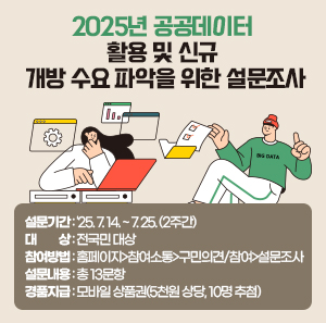 - 설문기간 : '25. 7. 14. ~ 7. 25. (2주간)     - 대     상 : 전국민 대상     - 참여방법 : 홈페이지>참여소통>구민의견/참여>설문조사     - 설문내용 : 총 13문항     - 경품지급 : 모바일 상품권(5천원 상당, 10명 추첨)