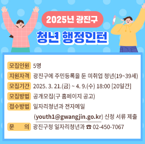 ? 모집인원: 5명   ? 지원자격: 광진구에 주민등록을 둔 미취업 청년(19~39세)   ? 모집기간: 2025. 3. 21.(금) ~ 4. 9.(수) 18:00 [20일간]   ? 모집방법: 공개모집(구 홈페이지 공고)   ? 접수방법: 일자리청년과 전자메일(youth1@gwangjin.go.kr) 신청 서류 제출   ? 문    의: 광진구청 일자리청년과 ☎ 02-450-7067
