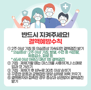 〇 내    용: "반드시 지켜주세요! 결핵예방수칙"   ① 2주 이상 기침 등 의심증상 지속되면 결핵검진 받기     * 의심증상: 2주 이상 기침, 발열, 수면 중 식은땀, 체중감소, 피로 등     * 65세 이상 어르신 매년 1회 결핵검진   ② 기침 · 재채기할 때는 마스크를 사용하거나 소매로 입과 코 가리기   ③ 기침 · 재채기 후 비누로 30초 이상 손씻기   ④ 꾸준한 운동과 균형잡힌 영양 섭취로 체력 키우기   ⑤ 결핵환자와 접촉한 경우 증상과 상관없이 결핵검진 받기