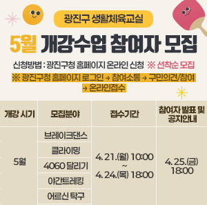 ◯ 신청방법 : 광진구청 홈페이지 온라인 신청 ※ 선착순 모집  ※ 광진구청 홈페이지 로그인 → 참여소통 → 구민의견/참여 → 온라인접수    개강 시기  모집분야  접수기간  참여자 발표 및 공지안내  5월  브레이크댄스  4. 21.(월) 10:00  ~  4. 24.(목) 18:00  4. 25.(금)  18:00