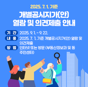○ 기   간: 2025. 9. 1. ~ 9. 22.  ○ 내   용: 2025. 7.  1. 기준 개별공시지가(안) 열람 및 의견제출  ○ 방   법: 인터넷 또는 방문 (부동산정보과 및 동 주민센터)