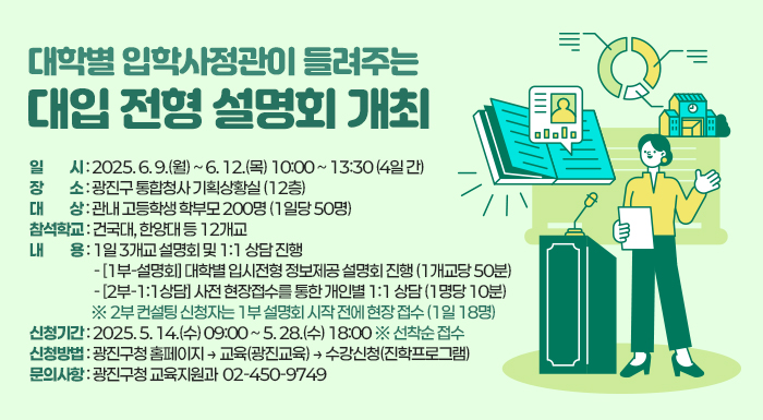 ○ 일    시: 2025. 6. 9.(월) ~ 6. 12.(목) 10:00 ~ 13:30 (4일 간)     ○ 장    소: 광진구 통합청사 기획상황실 (12층)     ○ 대    상: 관내 고등학생 학부모 200명 (1일당 50명)     ○ 참석학교: 건국대, 한양대 등 12개교     ○ 내    용: 1일 3개교 설명회 및 1:1 상담 진행      - [1부-설명회] 대학별 입시전형 정보제공 설명회 진행 (1개교당 50분)      - [2부-1:1상담] 사전 현장접수를 통한 개인별 1:1 상담 (1명당 10분)          ※ 2부 컨설팅 신청자는 1부 설명회 시작 전에 현장 접수 (1일 18명)     ○ 신청기간: 2025. 5. 14.(수) 09:00 ~ 5. 28.(수) 18:00 ※ 선착순 접수     ○ 신청방법: 광진구청 홈페이지 → 교육(광진교육) → 수강신청(진학프로그램)     ○ 문의사항: 광진구청 교육지원과 ☎ 02-450-9749