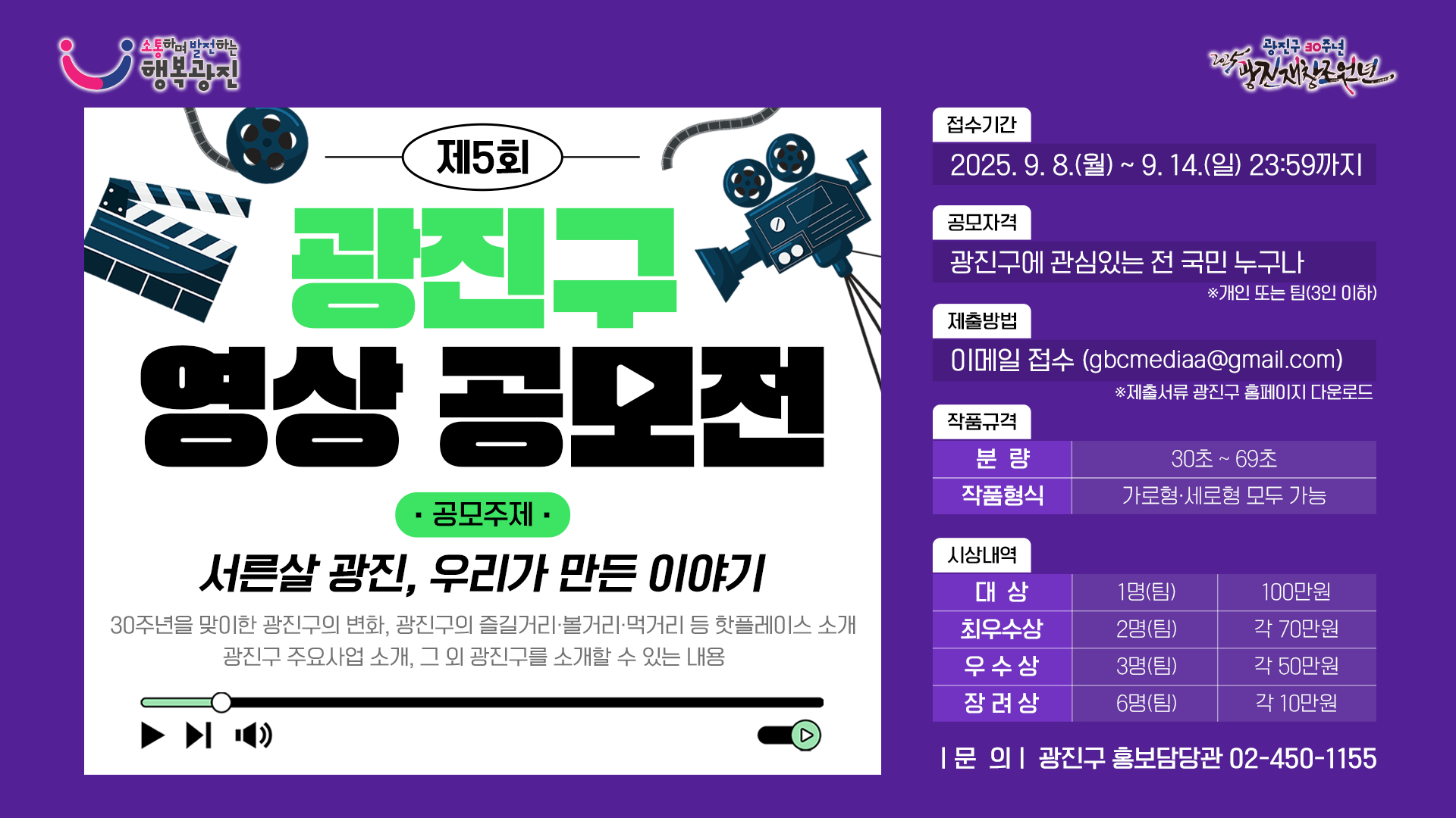 · 공모주제 · 서른살 광진, 우리가 만든 이야기 30주년을 맞이한 광진구의 변화, 광진구의 즐길거리·볼거리·먹거리 등 핫플레이스 소개 광진구 주요사업 소개, 그 외 광진구를 소개할 수 있는 내용 접수기간 2025. 9. 8.(월) ~ 9. 14.(일) 23:59까지  공모자격 광진구에 관심있는 전 국민 누구나 ※ 개인 또는 팀(3인 이하)  제출방법 이메일 접수 (gbcmediaa@gmail.com) ※ 제출서류 광진구 홈페이지 다운로드  작품규격  분량 30초 ~ 69초  작품형식 가로형·세로형 모두 가능 시상내역  대상 1명(팀) 100만원  최우수상 2명(팀) 각 70만원  우수상 3명(팀) 각 50만원  장려상 6명(팀) 각 10만원 문 의 광진구 홍보담당관 02-450-1155