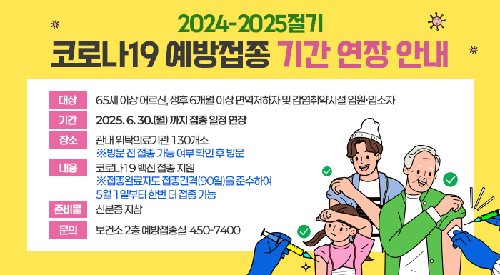대상  65세 이상 어르신, 생후 6개월 이상 면역저하자 및 감염취약시설 입원·입소자  기간  2025. 6. 30.(월) 까지 접종 일정 연장  장소  관내 위탁의료기관 130개소 ※방문 전 접종 가능 여부 확인 후 방문  내용  코로나19 백신 접종 지원  ※접종완료자도 접종간격(90일)을 준수하여 5월 1일부터 한번 더 접종 가능  준비물  신분증 지참  문의  보건소 2층 예방접종실 ☎450-7400