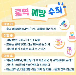 홍역 예방수칙    여행 전   - 홍역 예방백신(MMR) 2회 접종력 확인하기  여행 중   - 사람 많은 곳에서 마스크 착용   - 흐르는 물에 30초 이상 비누로 손 씻기   - 기침할 때 옷소매로 입과 코 가리기  여행 후   - 의심증상(발열, 발진 등)이 생기면 입국 시 검역관에게 알리기   - 가까운 병의원에 전화연락 후 진료받기   - 마스크착용, 대중교통 이용 자제 등 다른 사람과 접촉 최소화