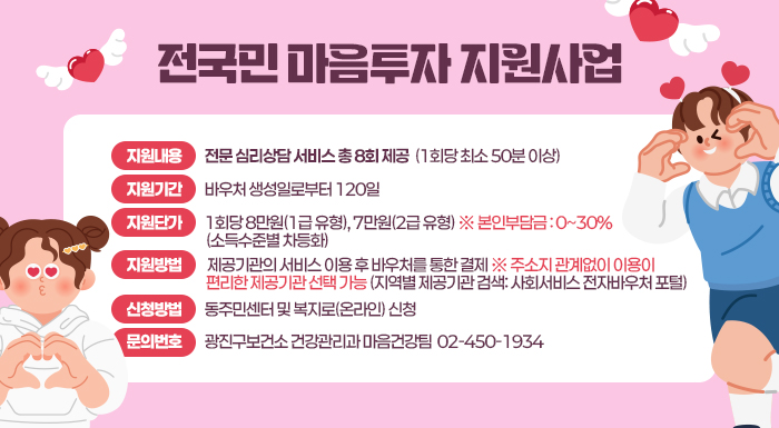 전국민 마음투자 지원사업     지원내용  전문 심리상담 서비스 총 8회 제공 (1회당 최소 50분 이상)  지원기간  바우처 생성일로부터 120일  지원단가  1회당 8만원(1급 유형), 7만원(2급 유형)  ※ 본인부담금 : 0~30%(소득수준별 차등화)  지원방법   제공기관의 서비스 이용 후 바우처를 통한 결제  ※ 주소지 관계없이 이용이 편리한 제공기관 선택 가능   (지역별 제공기관 검색: 사회서비스 전자바우처 포털)  〇 신청방법: 동주민센터 및 복지로(온라인) 신청  〇 문의번호: 광진구보건소 건강관리과 마음건강팀 ☎ 02-450-1934