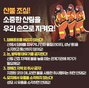 산불 조심! 소중한 산림을 우리 손으로 지켜요!    1. 담배꽁초를 버리지 않는다!  산에서 담배를 피우거나 인화 물질(라이터, 성냥 등)을 소지하고 등산하지 않아요!     2. 논, 밭두렁 태우기를 금지한다!  산림 근접 지역에 불을 놓을 때는 관계기관에 허가가 필요해요!     3. 정해진 지역 외 취사 금지!  지정된 곳이 아니라면 불을 사용한 취사행위는 하면 안돼요!     4. 묘지에서 유품을 소각하지 않는다!  성묘 시 유품을 소각하면 안돼요!
