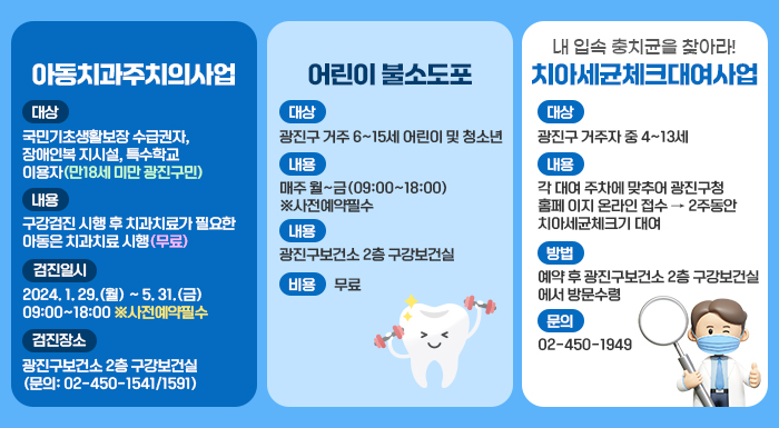 [아동치과주치의사업]     - 대상  : 국민기초생활보장 수급권자, 장애인복 지시설, 특수학교 이용자(만18세 미만 광진구민)  - 내용  : 구강검진 시행 후 치과치료가 필요한  아동은 치과치료 시행(무료)  - 검진일시  : 2024. 1. 29.(월) ~ 5. 31.(금) 09:00~18:00 ※사전예약필수  - 검진장소  : 광진구보건소 2층 구강보건실  (문의: 02-450-1541/1591)    [어린이 불소도포]   - 대상  : 광진구 거주 6~15세 어린이 및 청소년  - 기간  : 매주 월~금(09:00~18:00)  ※사전예약필수  - 장소  : 광진구보건소 2층 구강보건실  비용  : 무료       - 내 입속 충치균을 찾아라! -  [치아세균체크대여사업]     - 대상  : 광진구 거주자 중 4~13세  - 내용  : 각 대여 주차에 맞추어 광진구청 홈페 이지 온라인 접수  → 2주동안 치아세균체크기 대여  -방법  : 예약 후 광진구보건소 2층 구강보건실 에서 방문수령  문의  : 02-450-1949