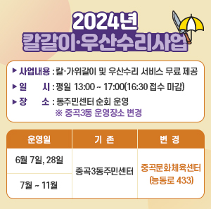〇 사업내용 : 칼·가위갈이 및 우산수리 서비스 무료 제공      〇 일    시 : 평일 13:00 ~ 17:00(16:30 접수 마감)      〇 장    소 : 동주민센터 순회 운영    ※ 중곡3동 운영장소 변경       운영일  기  존  변  경  6월 7일, 28일  중곡3동주민센터  중곡문화체육센터  (능동로 433)  7월 ~ 11월