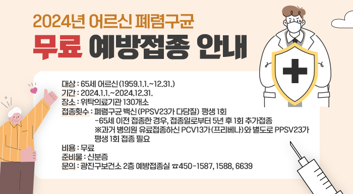 대상  65세 어르신(1959.1.1.~12.31.)  기간  2024.1.1.~2024.12.31.  장소  위탁의료기관 130개소  접종횟수  폐렴구균 백신(PPSV23가 다당질) 평생 1회  -65세 이전 접종한 경우, 접종일로부터 5년 후 1회 추가접종  ※과거 병의원 유료접종하신 PCV13가(프리베나)와 별도로 PPSV23가 평생 1회 접종 필요  비용  무료  준비물  신분증  문의  광진구보건소 2층 예방접종실 ☎450-1587, 1588, 6639