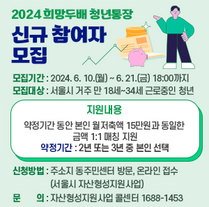 〇 모집기간: 2024. 6. 10.(월) ~ 6. 21.(금) 18:00까지  〇 모집대상: 서울시 거주 만 18세~34세 근로중인 청년  〇 지원내용   - 약정기간 동안 본인 월저축액 15만원과 동일한 금액 1:1 매칭 지원   - 약정기간: 2년 또는 3년 중 본인 선택  〇 신청방법: 주소지 동주민센터 방문, 온라인 접수(서울시 자산형성지원사업)  〇 문    의: 자산형성지원사업 콜센터 ☎1688-1453