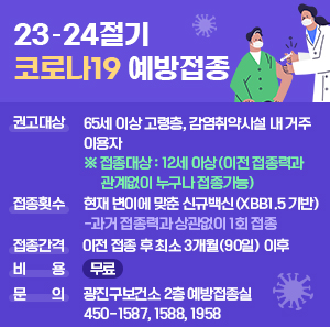 권고대상  65세 이상 고령층, 감염취약시설 내 거주··이용자  ※ 접종대상 : 12세 이상(이전 접종력과 관계없이 누구나 접종가능)  접종횟수  현재 변이에 맞춘 신규백신(XBB1.5 기반)  -과거 접종력과 상관없이 1회 접종  접종간격  이전 접종 후 최소 3개월(90일) 이후  비용  무료  문의  광진구보건소 2층 예방접종실 ☎450-1587, 1588, 1958