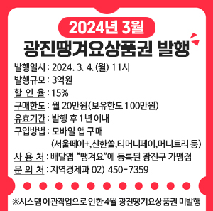 □ 발행일시 : 2024. 3. 4.(월) 11시  □ 발행규모 : 3억원  □ 할 인 율 : 15%  □ 구매한도 : 월 20만원(보유한도 100만원)  □ 유효기간 : 발행 후 1년 이내  □ 구입방법 : 모바일 앱 구매(서울페이+, 신한쏠, 티머니페이, 머니트리 등)  □ 사 용 처 : 배달앱 “땡겨요”에 등록된 광진구 가맹점  □ 문 의 처 : 지역경제과 02) 450-7359  ※시스템 이관작업으로 인한 4월 광진땡겨요상품권 미발행