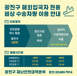 광진구 해외입국자 전용 비상수송차량 이용 안내 / 이용절차: 인천공항 버스 탑승 광진구 3권역>광진구청 정문 하차>집까지 구청차량으로 이동(광진구민만 이용 가능) / 출발시간표: 인천공항 T2 1회자 07:30 2회자 14:00 3회자 19:10 인천공항 T1 1회자 07:50 2회자 14:20 3회자 19:30 / 광진구 재난안전대책분부 문의 02)450-7914