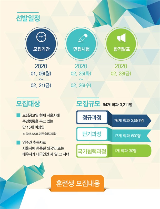 2020년 상반기 서울특별시 기술교육원 직업교육훈련생 모집 공고
