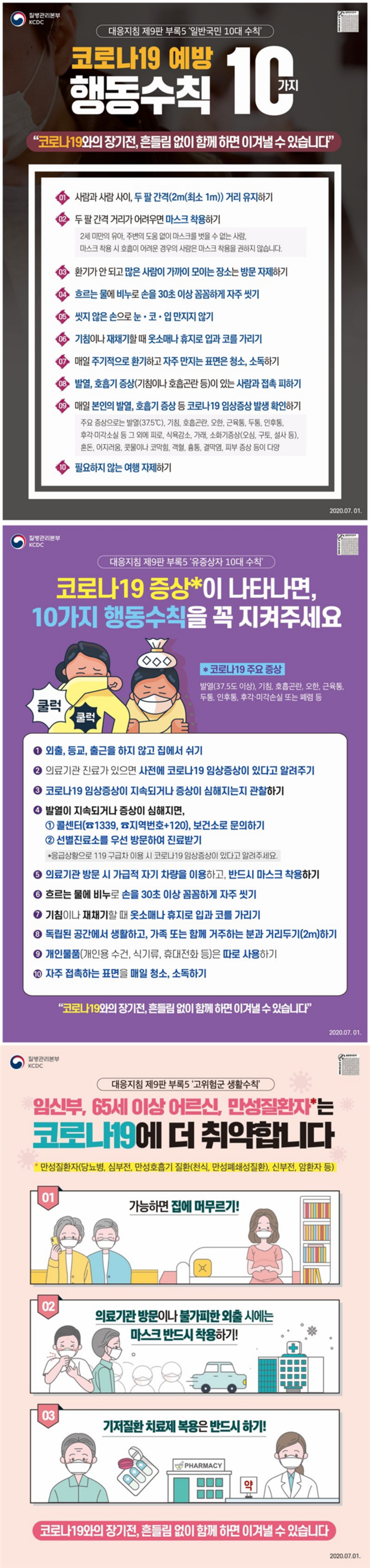 일반국민, 유증상자, 고위험군 생활수칙