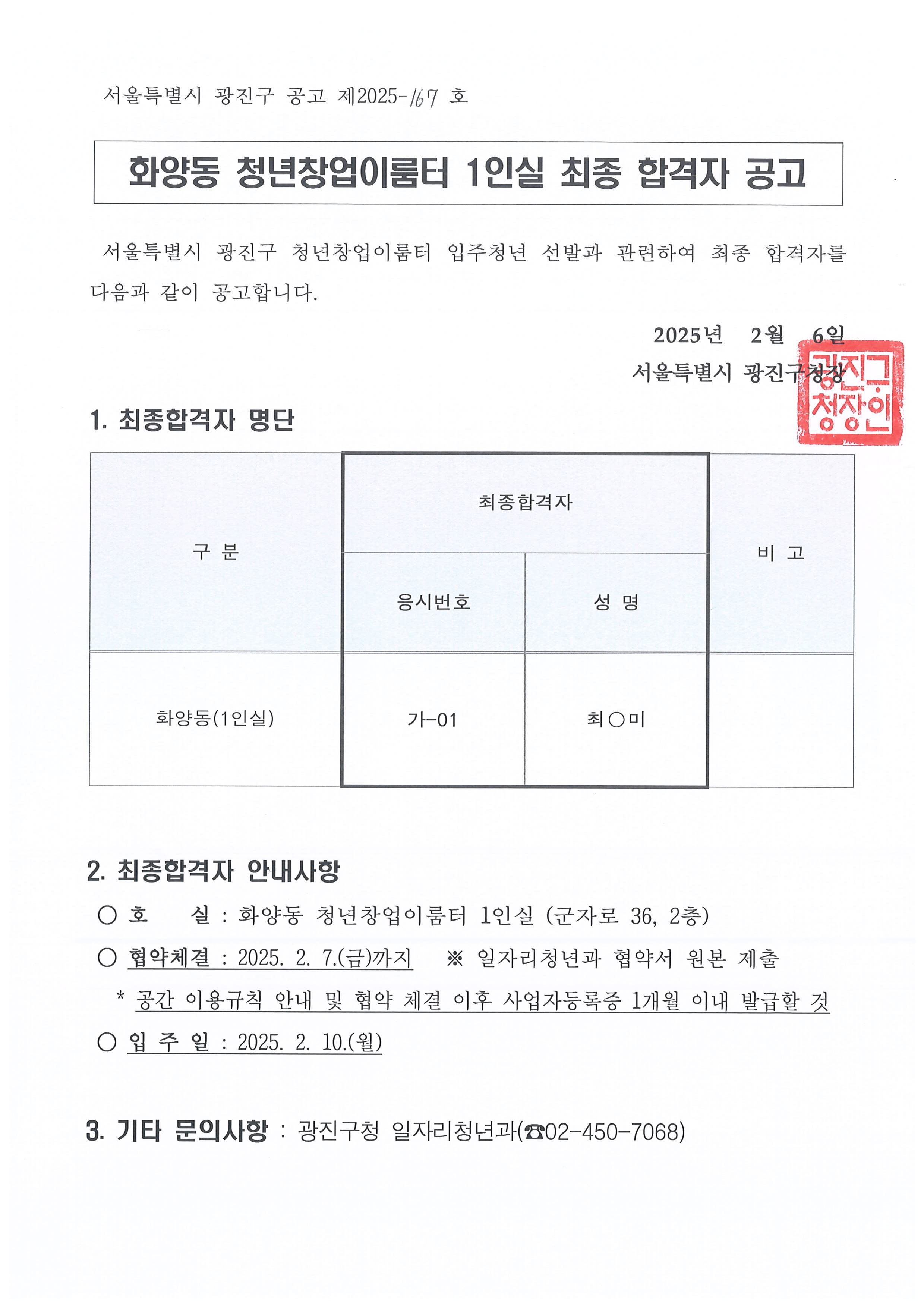 화양동 청년창업이룸터 1인실 최종 합격자 공고서울특별시 광진구 청년창업이룸터 입주청년 선발과 관련하여 최종 합격자를 다음과 같이 공고합니다.  2025년  2월  6일 서울특별시 광진구청장  1. 최종합격자 명단  구 분  최종합격자 비 고 응시번호 성 명 화양동(1인실) 가-01 최○미    2. 최종합격자 안내사항  ○ 호    실 : 화양동 청년창업이룸터 1인실 (군자로 36, 2층)   ○ 협약체결 : 2025. 2. 7.(금)까지   ※ 일자리청년과 협약서 원본 제출      * 공간 이용규칙 안내 및 협약 체결 이후 사업자등록증 1개월 이내 발급할 것   ○ 입 주 일 : 2025. 2. 10.(월)      3. 기타 문의사항 : 광진구청 일자리청년과(☎02-450-7068)