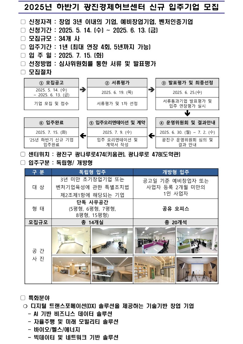 2025년 하반기 광진경제허브센터 신규 입주기업 모집 안내
