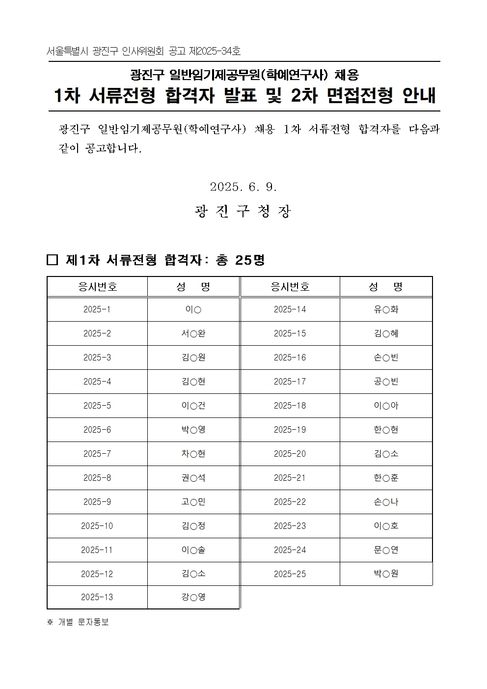 1차 서류전형 합격자 공고