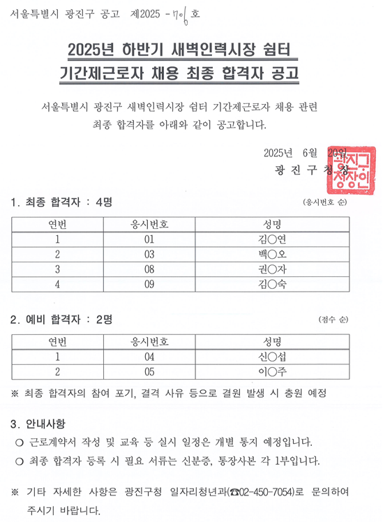 2025년 하반기 새벽인력시장 쉼터 기간제근로자 채용 최종 합격자 공고