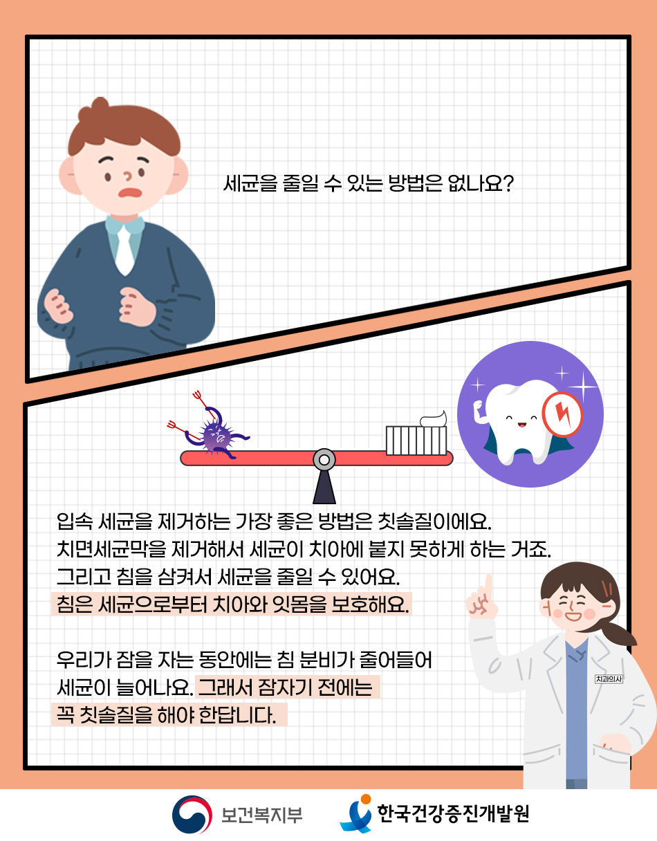 입 속 세균을 제거하는 가장 좋은 방법은 칫솔질입니다. 침이 세균을 줄이는데 도움을 주기도 하는데 잠을 자는 동안에는 침분비가 줄어늘어 세균이 늘어나므로 잠자기 전에는 꼭 칫솔질을
