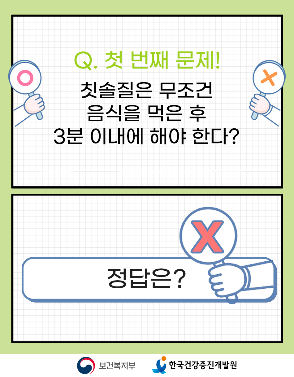 문제: 칫솔질 먹은 후 3분 이내 해야한다? 정답은 x(아니다)