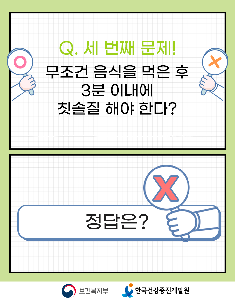 문제: 음식을 먹은 후 3분 이내에 칫솔질 해야한다? 정답은 X(아니다)