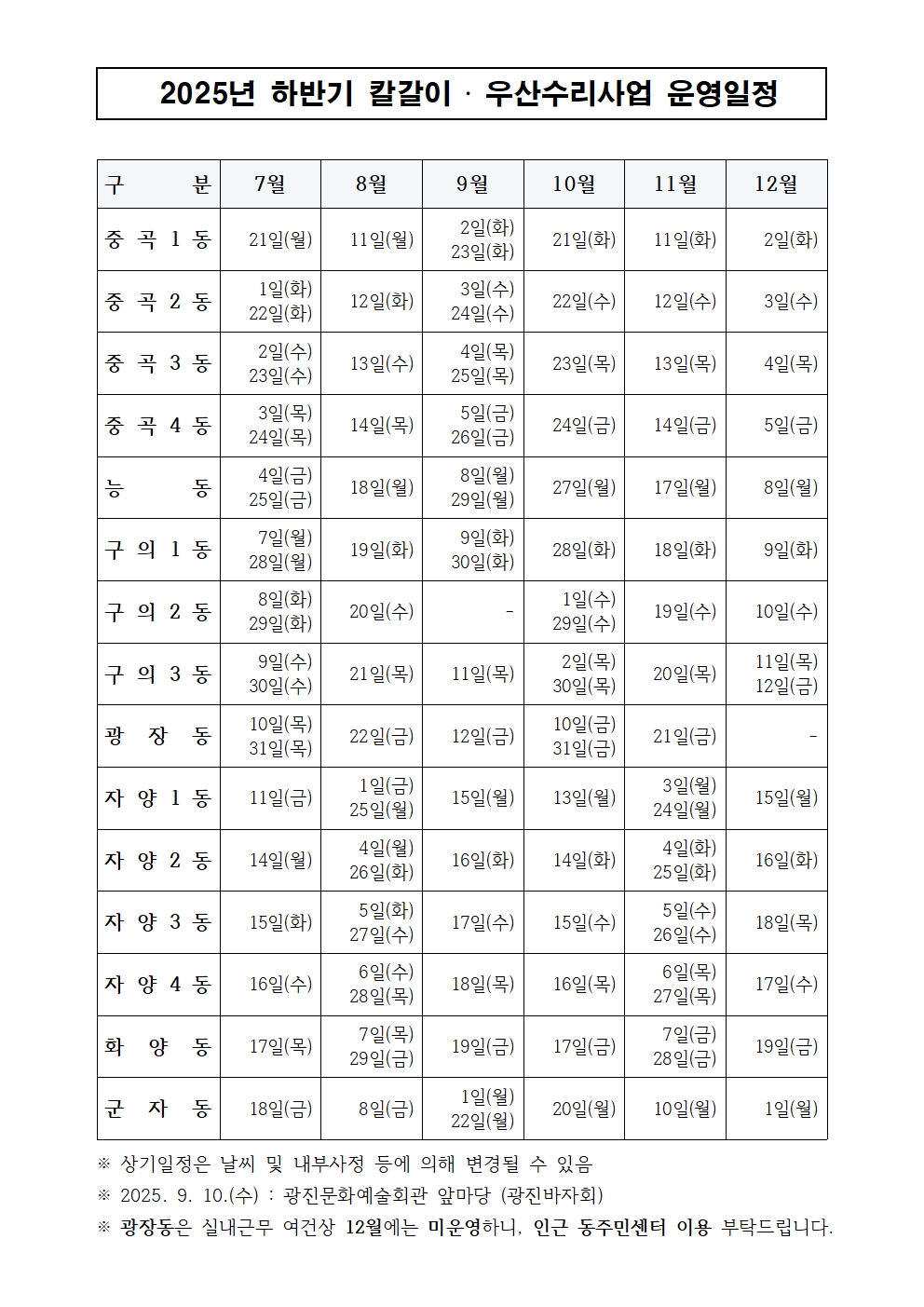 칼갈이 우산수리 순회 일정
