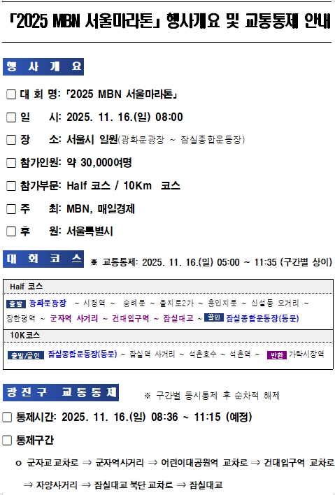 「2025 MBN 서울마라톤」 행사개요 및 교통통제 안내  행사개요   - 대회명: 2025 MBN 서울마라톤   - 일시: 2025. 11. 16.(일) 08:00   - 장소: 서울시 일원 (광화문광장 ~ 잠실종합운동장)   - 참가인원: 약 30,000여 명   - 참가부문: Half 코스 / 10Km 코스   - 주최: MBN, 매일경제   - 후원: 서울특별시    대회코스   ※ 교통통제: 2025. 11. 16.(일) 05:00 ~ 11:35 (구간별 상이)  Half 코스   광화문광장 → 종로 → 을지로 → 퇴계로 → 왕십리로 → 성수대교 북단 → 자양사거리 → 잠실대교 북단 → 잠실대로 → 잠실종합운동장(도착)  10Km 코스   광화문광장 → 종로 → 을지로 → 퇴계로 → 왕십리로 → 성수대교 북단 → 서울숲 → 뚝섬유원지(도착)  광진구 교통통제   ※ 구간별 통시 통제 후 순차적 해제   통제시간: 2025. 11. 16.(일) 08:36 ~ 11:15 (예정)  통제구간   - 군자교 교차로 → 군자역사거리 → 어린이대공원역 교차로 → 건대입구역 교차로   - 자양사거리 → 잠실대교 북단 교차로 → 잠실대교