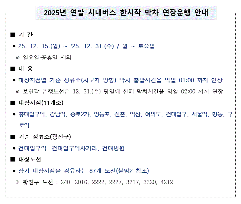 2025년 연말 시내버스 한시적 막차 연장운행 안내