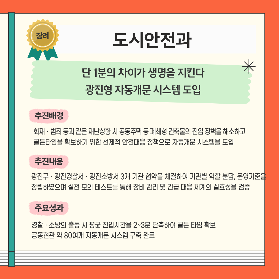 2025년 하반기 광진구 적극행정 우수사례 장려 - 단 1분의 차이가 생명을 지킨다, 광진형 자동개문 시스템 도입(도시안전과)