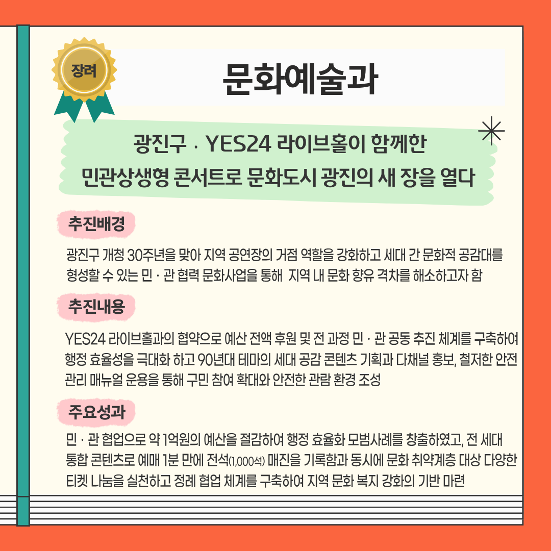 2025년 하반기 광진구 적극행정 우수사례 장려 - 광진구&times;YES24 라이브홀이 함께한 민관상생형 콘서트로 문화도시 광진의 새 장을 열다 (문화예술과)