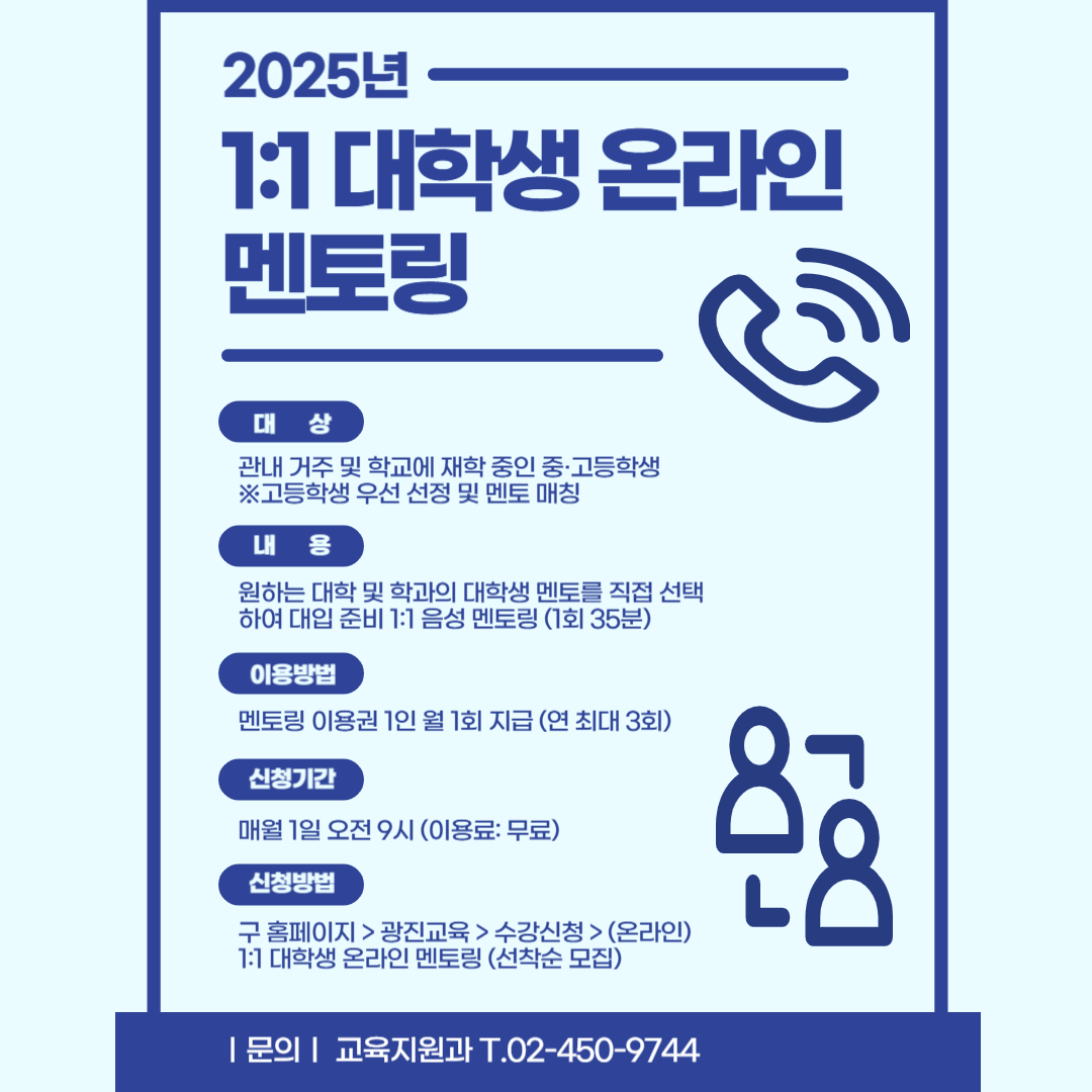 2025년 1:1 대학생 온라인 멘토링

대상
관내 거주 및 학교에 재학 중인 중·고등학생 
※고등학생 우선 선정 및 멘토 매칭

내용
원하는 대학 및 학과의 대학생 멘토를 직접 선택하여 대입 준비 1:1 음성 멘토링 (1회 35분)

이용방법
멘토링 이용권 1인 월 1회 지급 (연 최대 3회)

신청기간
매월 1일 오전 9시 (이용료: 무료)

신청방법
구 홈페이지 > 광진교육 > 수강신청 > (온라인) 1:1 대학생 온라인 멘토링 (선착순 모집)

문의 | 교육지원과 T.02-450-9744