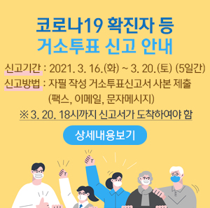 코로나19 확진자 등 거소투표 신고 안내 신고기간 : 2021. 3. 16.(화) ~ 3. 20.(토) (5일간) 신고방법 : 자필 작성 거소투표신고서 사본 제출(팩스, 이메일, 문자메시지) ※ 3. 20. 18시까지 신고서가 도착하여야 함 상세내용보기