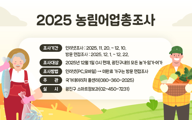 2025 농림어업총조사  ㅇ조사기간 : 인터넷조사 : 2025. 11. 20. ~ 12. 10.                 방문 면접조사 : 2025. 12. 2. ~ 12. 22.  ㅇ조사대상 : 2025년 12월 1일 0시 현재,                 광진구내의 모든 농가․임가․어가  ㅇ조사방법 : 인터넷(PC,모바일) → 미완료 가구는 방문 면접조사  ㅇ주관 : 국가데이터처 콜센터(080-360-2025)  ㅇ실시 광진구 스마트정보과(02-450-7231)